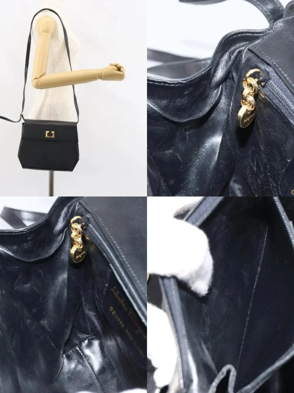 Salvatore Ferragamo Shoulder Bag Leather Black Gold Auth BA9556